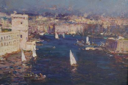 JEAN-BAPTISTE OLIVE (1848-1936) L’entrée du port de Marseille 

Huile sur panneau...