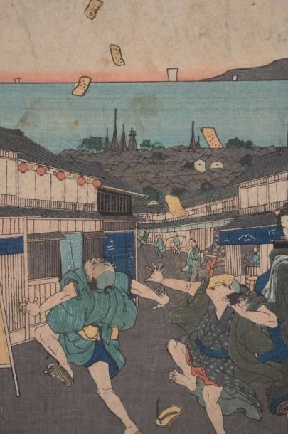 null 

Ensemble de cinq estampes Toyokuni III (1786-1865) et Hirokage (actif 1855-1865)...