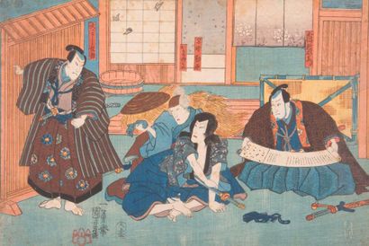 null 

Ensemble de cinq estampes Toyokuni III (1786-1865) et Hirokage (actif 1855-1865)...