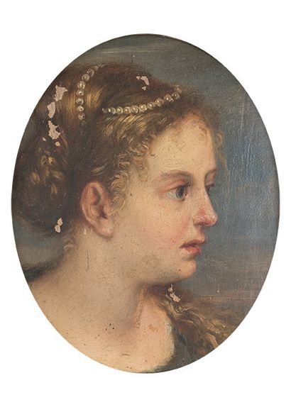 Attribué à Pietro LIBERI (1605-1687) Tête de femme coiffée de perles
Panneau à surface...