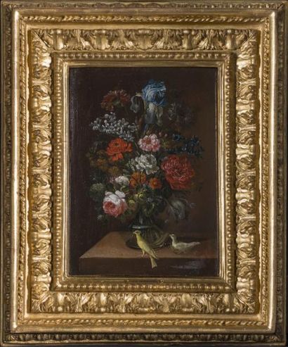 Jan-Caspar HIRSCHELI (Prague 1695 – 1743) Vase de fleurs sur un entablement avec...