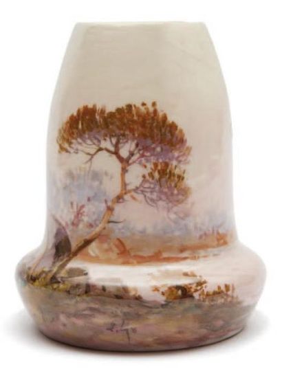 DELPHIN MASSIER (1836-1907) Vase en céramique émaillée à décor d'un paysage maritime...