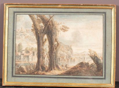 Gillis NEYTS (Overijse 1618 – Anvers 1687) Paysage aux grands arbres et village près...