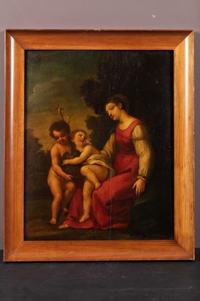 Ecole Florentine du XVIIe siècle Vierge à l’Enfant avec saint Jean-Baptiste 

Panneau,...