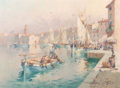 null Gilbert GALLAND (1870-1956) 

Le port de Saint-Tropez animé de personnages....