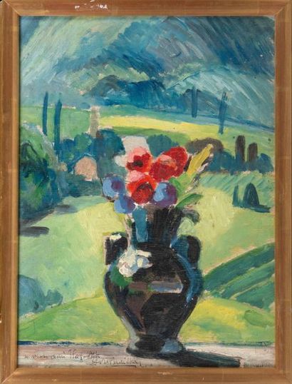 null André VERDILHAN (1881-1963) 

Fleurs devant un paysage. 

Huile sur panneau.?Signée...