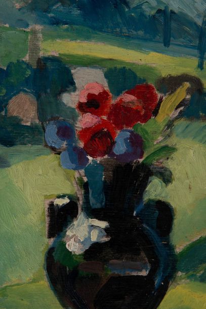 null André VERDILHAN (1881-1963) 

Fleurs devant un paysage. 

Huile sur panneau.?Signée...