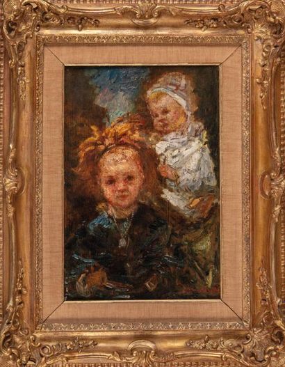 null Adolphe MONTICELLI (1824-1886) 

Portrait de deux enfants. 

Huile sur panneau.?Signée...