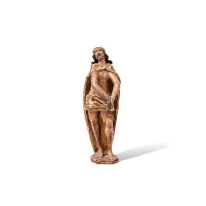 ECCE HOMO sujet en bois sculpté et peint polychrome.

XVIIème siècle.

H. 24 cm

Accidents...