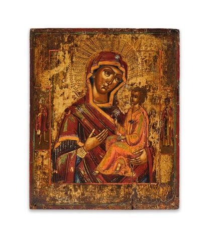 [ICONE] - Mère de Dieu de Tikhvine flanquée de deux saints.