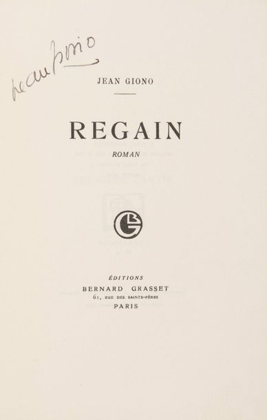 null [ROBERT (Georges)]. GIONO (Jean). Regain. Paris, Bernard Grasset, 1930.

Grand...