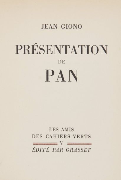 null GIONO (Jean). Présentation de Pan. Paris, Les Amis des Cahiers verts n°5,

Grasset,...