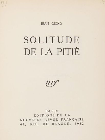 null GIONO (Jean). Solitude de la Pitié. Paris, NRF, 1932.

In-8 broché. Double emboîtage...