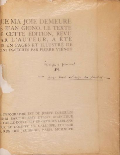 null [VIENOT (Pierre)]. GIONO (Jean). Que ma joie demeure. Paris, Calliope,

1948.

Fort...