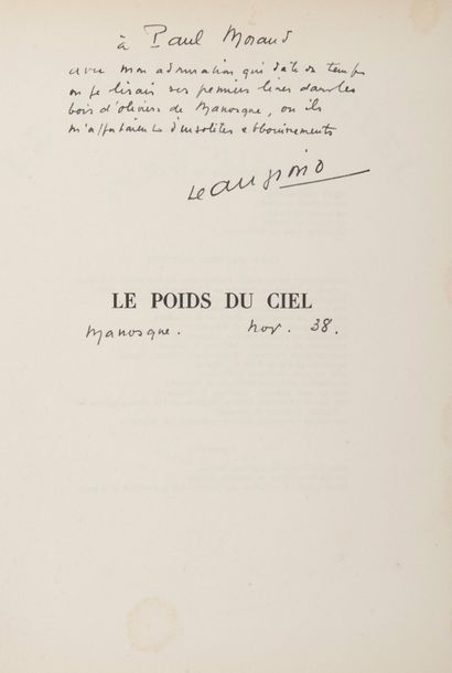 null [DE KEROLYR (Marcel)]. GIONO (Jean). Le Poids du Ciel. Paris, Gallimard, 1938.

In-4,...
