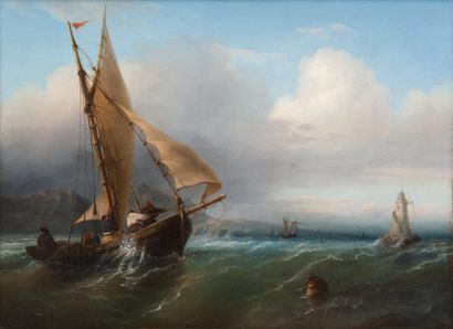 François Pierre BARRY (1813-1905) Pêcheurs en mer. Huile sur toile. Signée et datée...