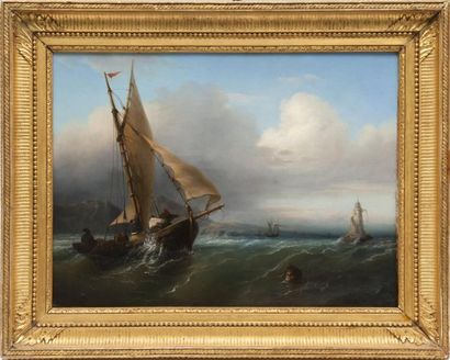 François Pierre BARRY (1813-1905) Pêcheurs en mer. Huile sur toile. Signée et datée...