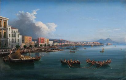 Gioacchino LA PIRA (act.1839-1870) Pêcheurs dans le golfe de Naples. Huile sur toile....