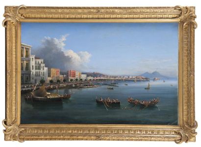 Gioacchino LA PIRA (act.1839-1870) Pêcheurs dans le golfe de Naples. Huile sur toile....