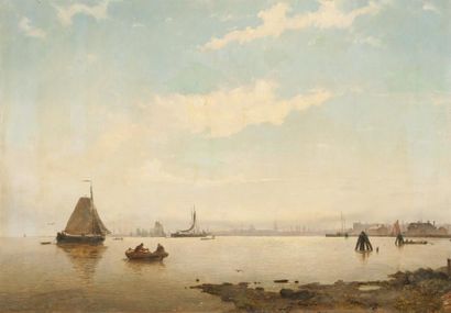 Willem Antonie van DEVENTER (1824-1893) L'entrée du Port d'Amsterdam. Huile sur toile....