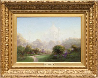 Alexander SCOTT (1872-1932) Les jardins du Taj Mahal. Huile sur toile. Signée en...
