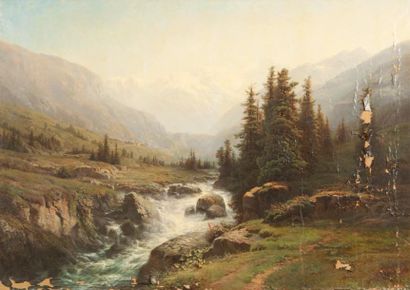 Leberecht LORTET (1826-1901) Paysage de montagne. Huile sur toile. Signée en bas...