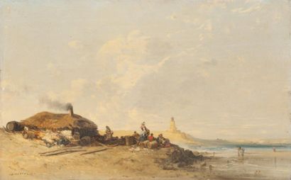 Jules Achille NOEL (1810/15-1881) Pêcheurs sur la plage. Panneau. Signé en bas à...