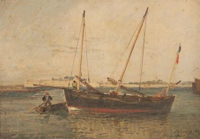 Jules Achille NOEL (1810/15-1881) Pêcheurs à Port Louis. Huile sur toile. Signée...