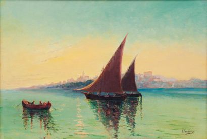 Louis NATTERO (1870-1915) Soleil levant en rade d'Antibes. Huile sur toile. Signée...