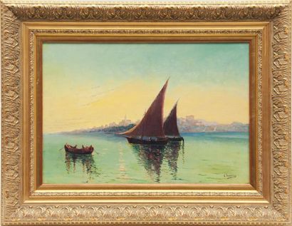 Louis NATTERO (1870-1915) Soleil levant en rade d'Antibes. Huile sur toile. Signée...