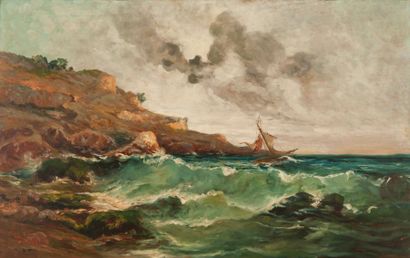 Jean-Baptiste OLIVE (1848-1936) Bateau dans la tempête. Huile sur panneau. Trace...
