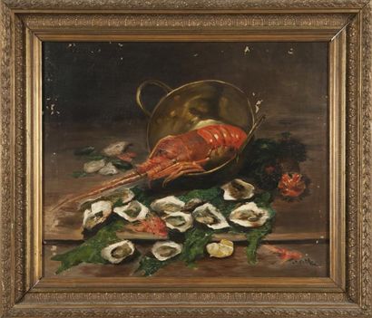 Joseph ODDE (XIX-XX) Nature morte au homard et huîtres. Huile sur toile. Signée en...