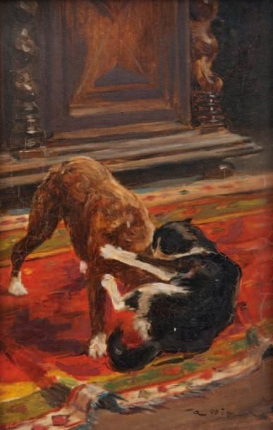 Auguste VIMAR (1851-1916) Entre chien et chat. Huile sur carton. Signée en bas à...