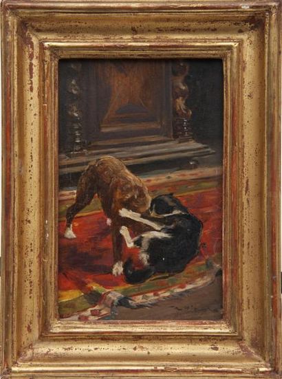 Auguste VIMAR (1851-1916) Entre chien et chat. Huile sur carton. Signée en bas à...