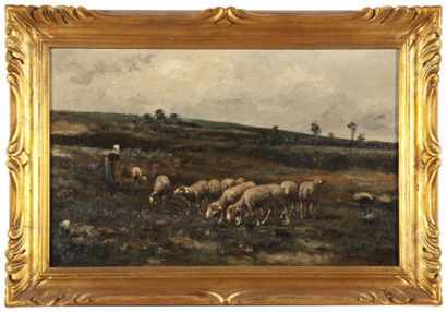 François SIMON (1818-1896) Bergère gardant son troupeau. Huile sur toile. Signée...