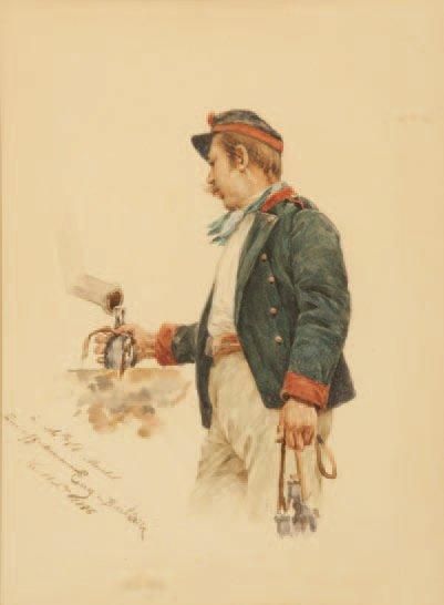 Eugène de BARBERIIS (1851-1937) Soldat à la fontaine. Aquarelle. Signée en bas à...