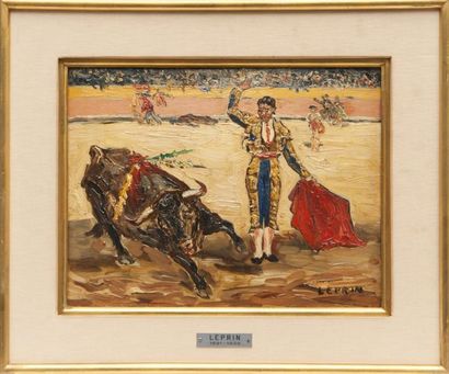 Marcel François LEPRIN (1891-1933) Scène de tauromachie. Huile sur panneau. Signée...