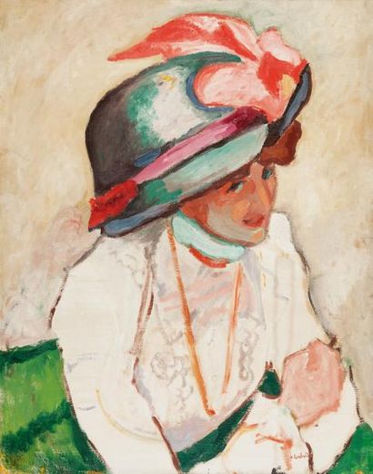 Alfred LOMBARD (1884-1973) Femme au grand chapeau. 1907. Huile sur toile. Signée...