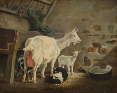 Jean-Baptiste HUET (1745-1811) Attribué à La chèvre et ses chevreaux. Toile. 45,5...