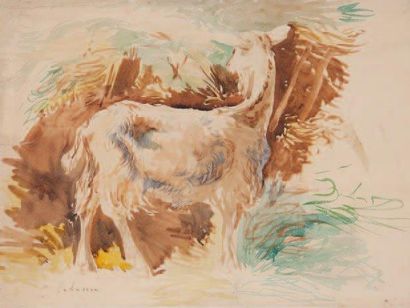 Joseph CABASSON (1841-1920) La chèvre. Aquarelle. Signée en bas à gauche. 34 x 43...