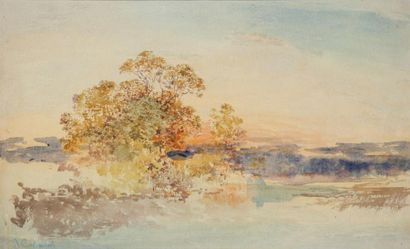 Joseph CABASSON (1841-1920) Paysage au lac. Aquarelle. Signée en bas à gauche. 30...