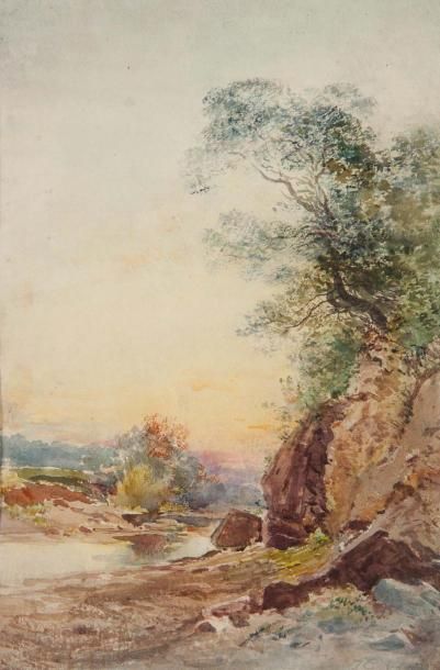 Joseph CABASSON (1841-1920) Paysage à la rivière. Aquarelle. Signée en bas à droite....