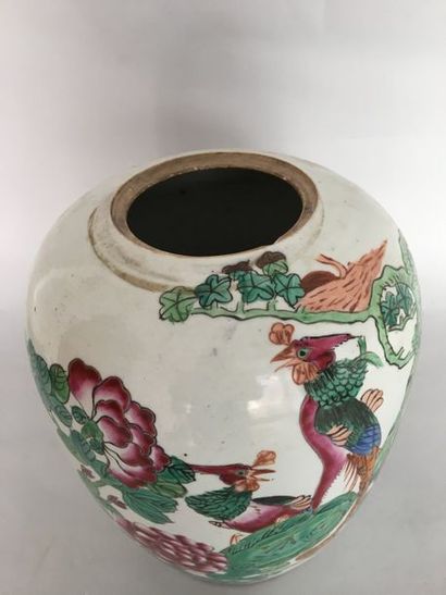 null CHINE Potiche en porcelaine à décor de pivoins et phoenix (montée en lampe)...