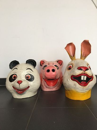 null Art populaire Indonésien 3 masques tête en papier maché peint : Lapin, Cochon...