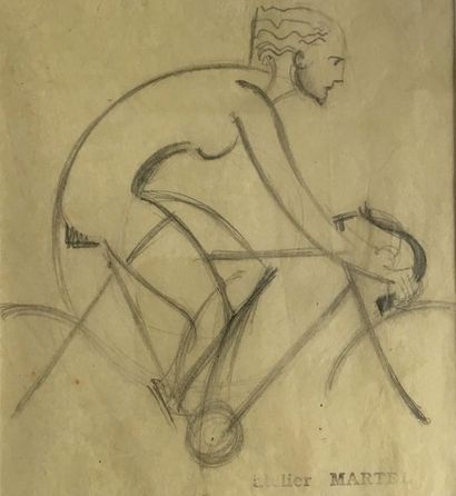 null Jean et Noel MARTEL (1896-1966) Le cycliste dessin au crayon cachet d'atelier
13...