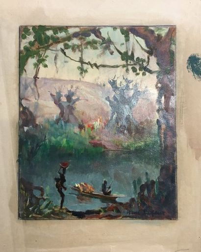 null Henri DUFAUX (1879-1980) 

Africa boat on the river 

Oil on paper signed lower...