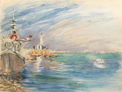 null Josette CAYOL (née en 1926) L'entrée du port de Palavas aquarelle titrée en...