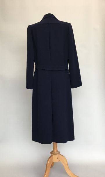 null Jean Louis SCHERRER Paris Navy wool coat with hollow pleats and martingale Size...