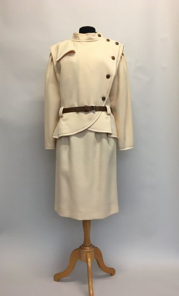 null COURREGES Paris Ivory wool suit with fawn leather belt and buttons circa 80...