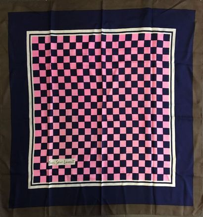 null YVES SAINT LAURENT Pink and black checkered silk scarf with navy and brown ...